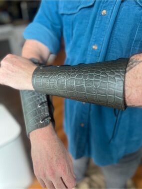 Leather Croc-Embossed Arm Bracer Wrist Cuffs Renaissance Fair - Dark Olive